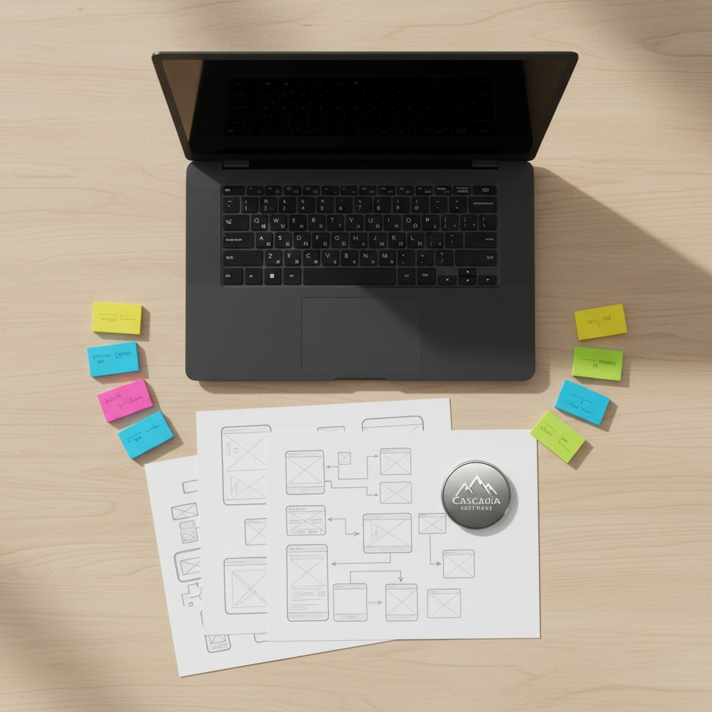 A laptop with stickers and design papers on a desk. It includes the Cascadia Software logo.