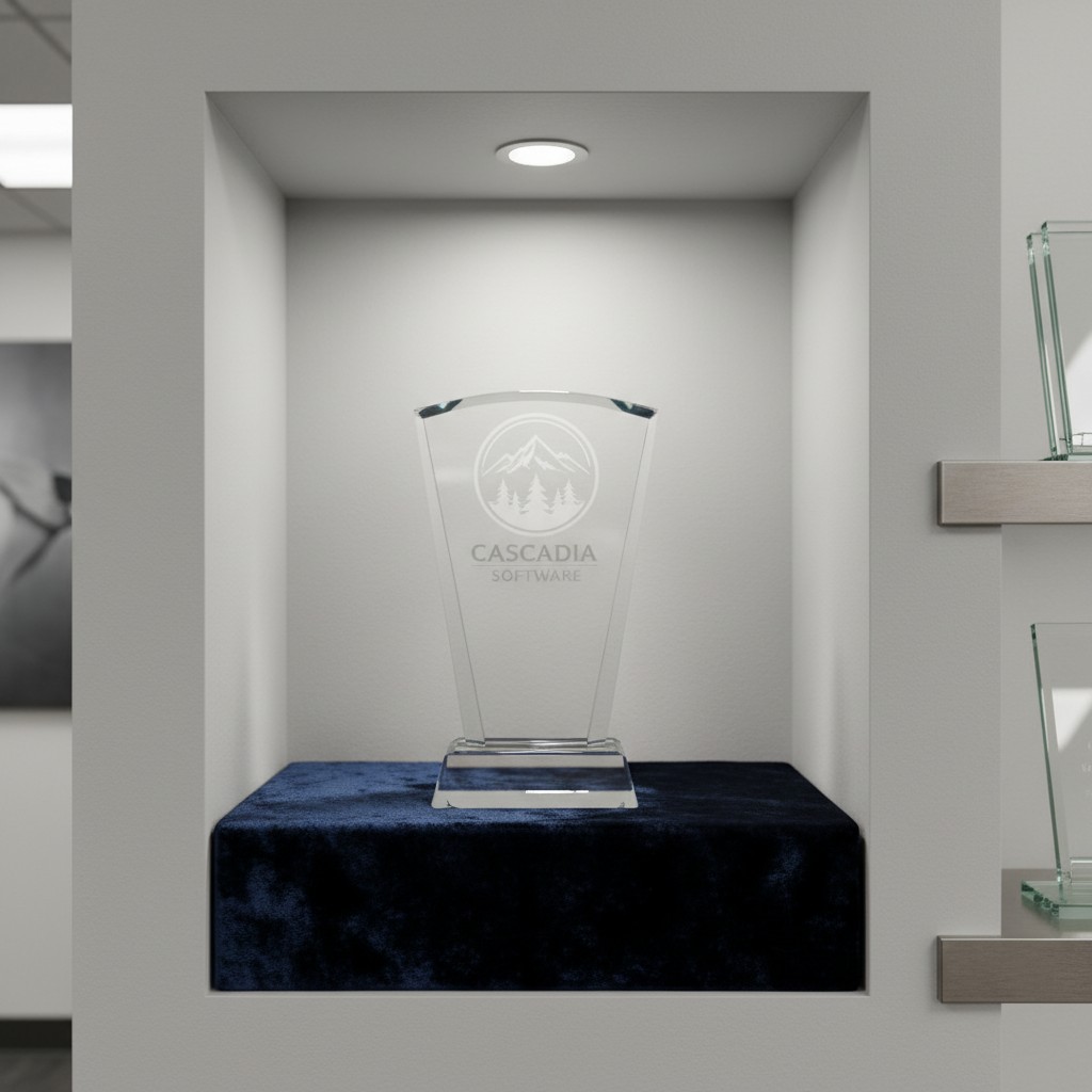 A display shelf with a glass trophy featuring an etched logo and base sits on a black cloth covered base against a white w...
