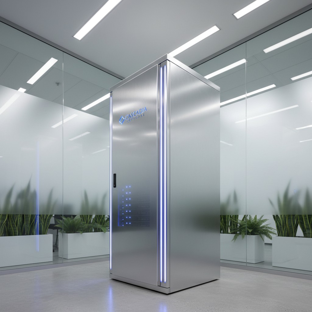 A silver metal box in a sleek, modern office or laboratory setting. The glass walls have a frosted look, while the floor i...